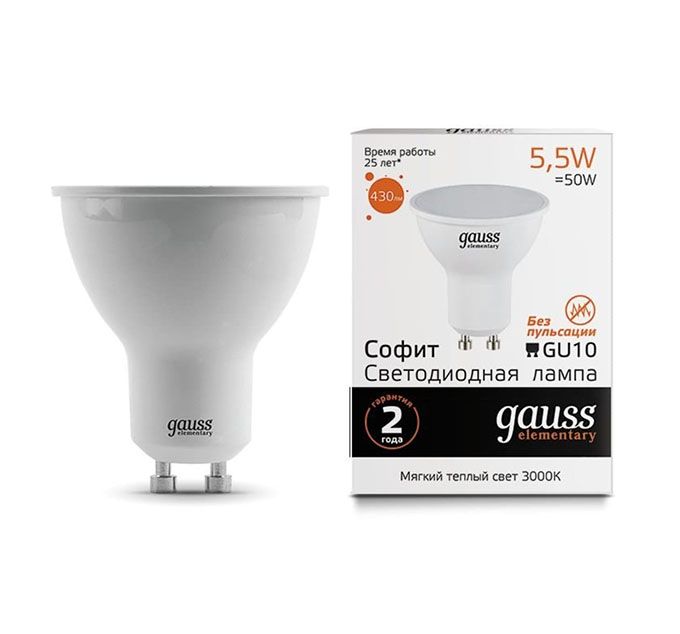 Светодиодная лампа Gauss Elementary рефлектор GU10 LED 5,5W (матовое 
стекло) 2700K