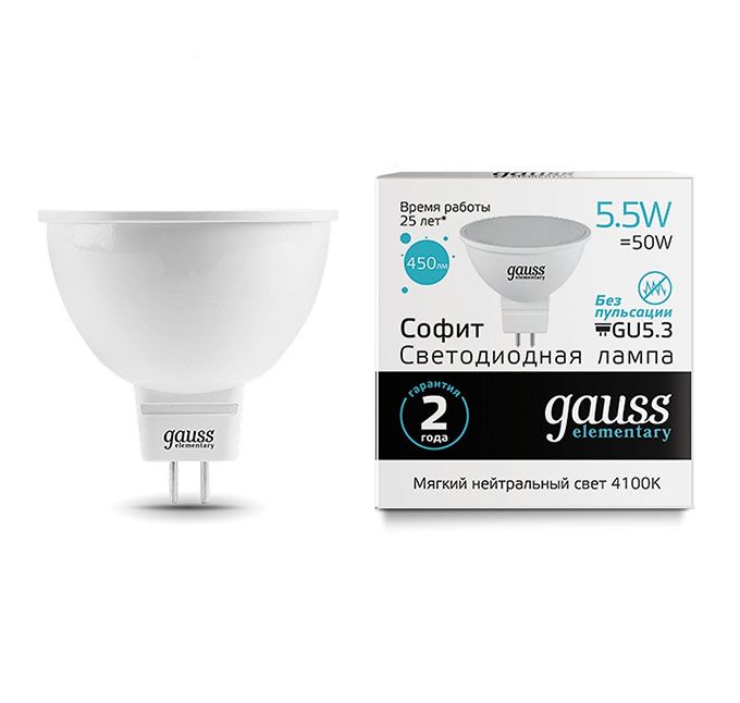 Светодиодная лампа Gauss Elementary рефлектор MR16 LED 5,5W GU5.3 
(матовое стекло) 4100K