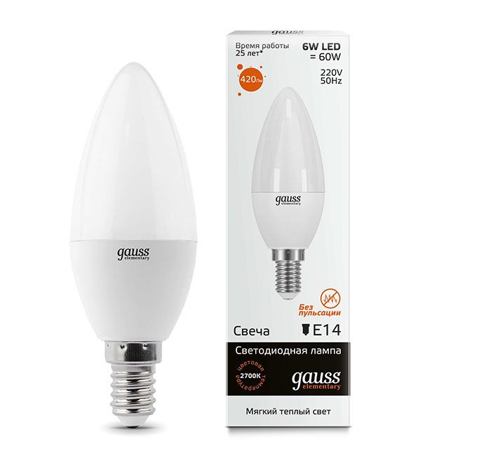 Светодиодная лампа Gauss Elementary свеча LED 6W E14 2700K