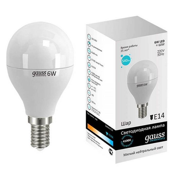 Светодиодная лампа Gauss Elementary в форме шара LED 6W E14 4100K