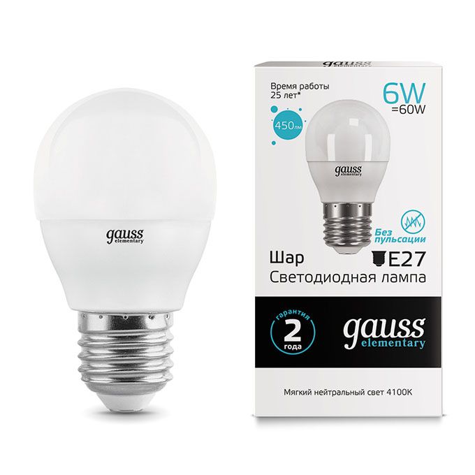 Светодиодная лампа Gauss Elementary в форме шара LED 6W E27 4100K