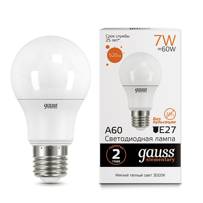 Светодиодная лампа Gauss Elementary в форме шара ЛОН LED 6,5W E27 
2700K