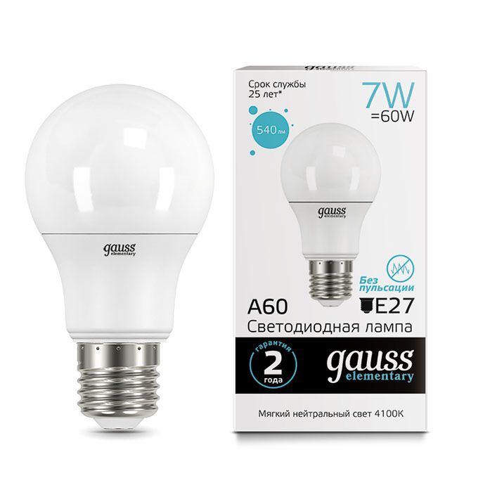 Светодиодная лампа Gauss Elementary в форме шара ЛОН LED 6,5W E27 
4100K