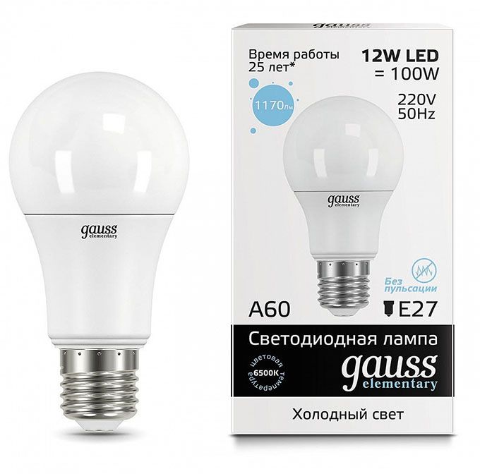 Светодиодная лампа Gauss Elementary в форме шара ЛОН LED 12W E27 
4100K