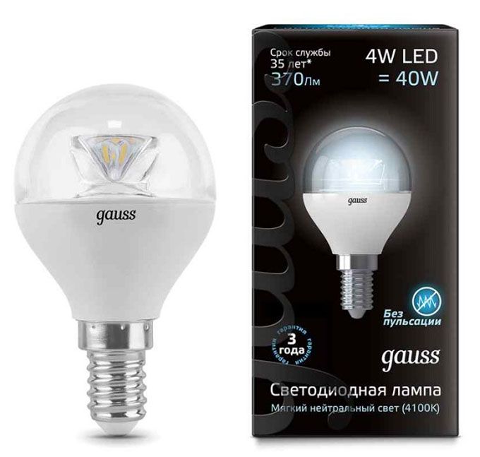 Светодиодная лампа Gauss в форме шара с оптической линзой LED 4W E14 4100K