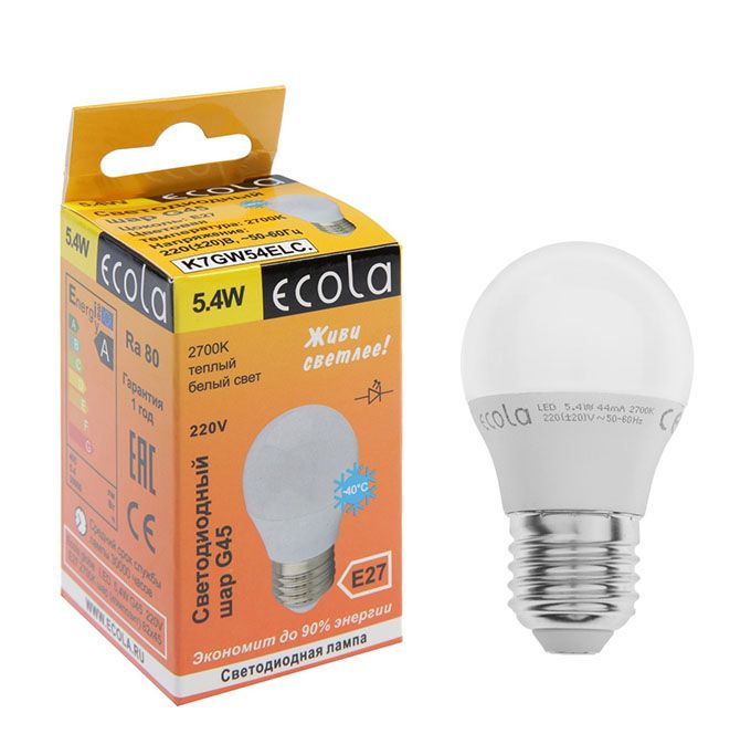 Светодиодная лампа Ecola в форме шара LED 5,4W G45 E27 2700K