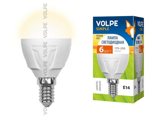 Светодиодная лампа Volpe Simple в форме шара G45 E14 LED 6W (матовое стекло)
3000K