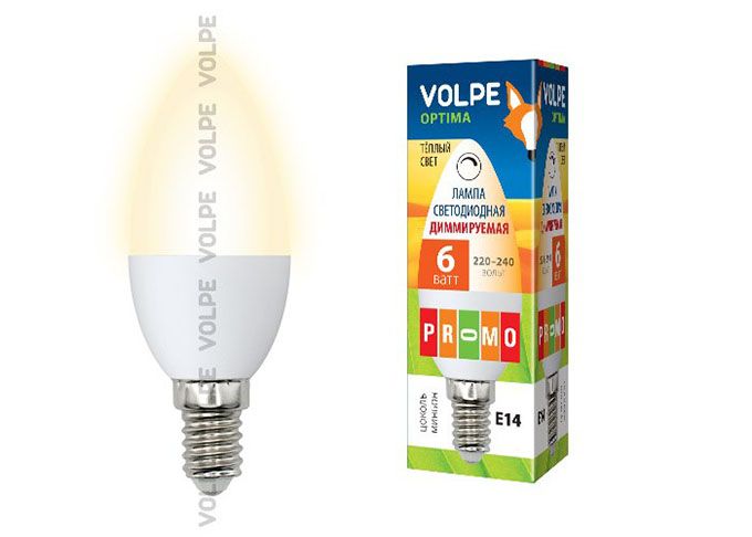 Диммируемая светодиодная лампа Volpe Optima DIM свеча LED 6W C37 E14 
3000K (матовое стекло)