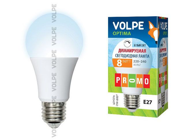 Диммируемая светодиодная лампа Volpe Optima DIM шар LED 8W A60 E27 4500K 
(матовое стекло)