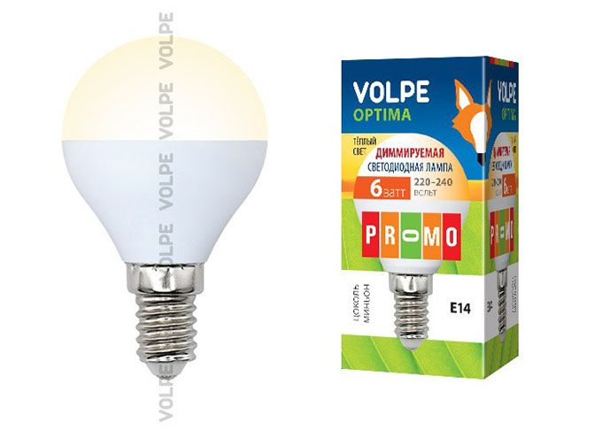 Диммируемая светодиодная лампа Volpe Optima DIM шар LED 6W G45 E14 3000K 
(матовое стекло)