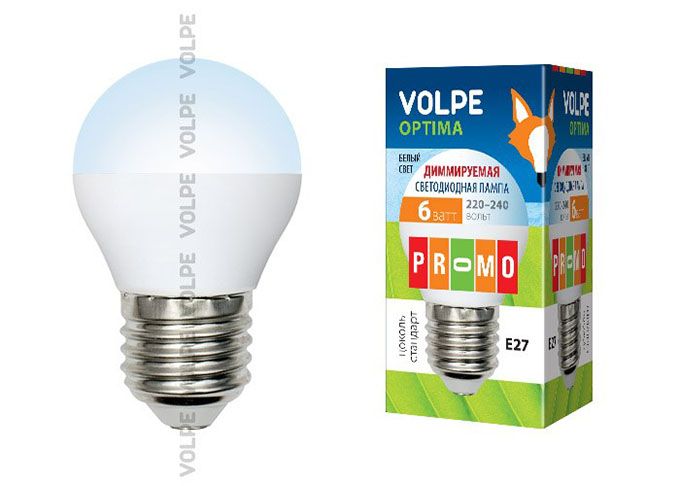 Диммируемая светодиодная лампа Volpe Optima DIM шар LED 6W G45 E27 4500K 
(матовое стекло)