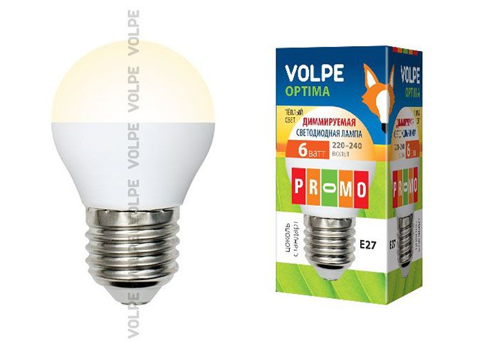 Диммируемая светодиодная лампа Volpe Optima DIM шар LED 6W G45 E27 3000K 
(матовое стекло)