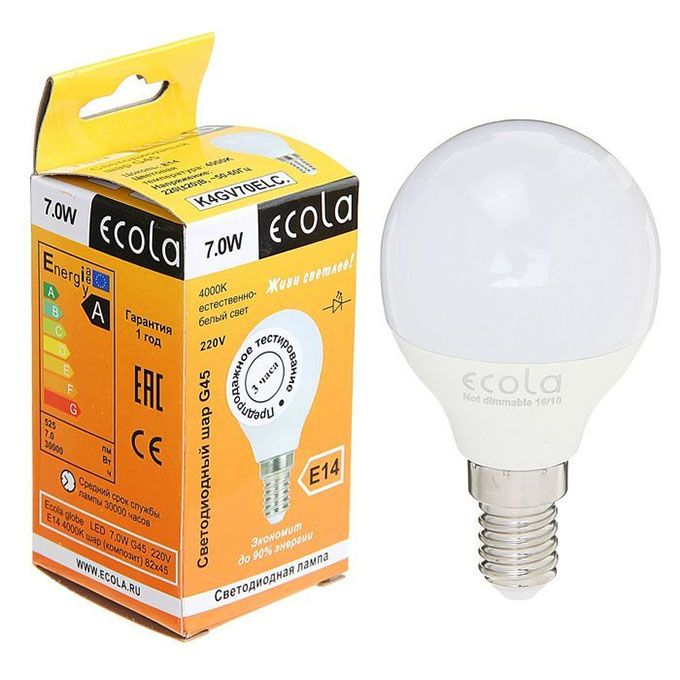 Светодиодная лампа Ecola в форме шара LED 7W G45 E14 4000K