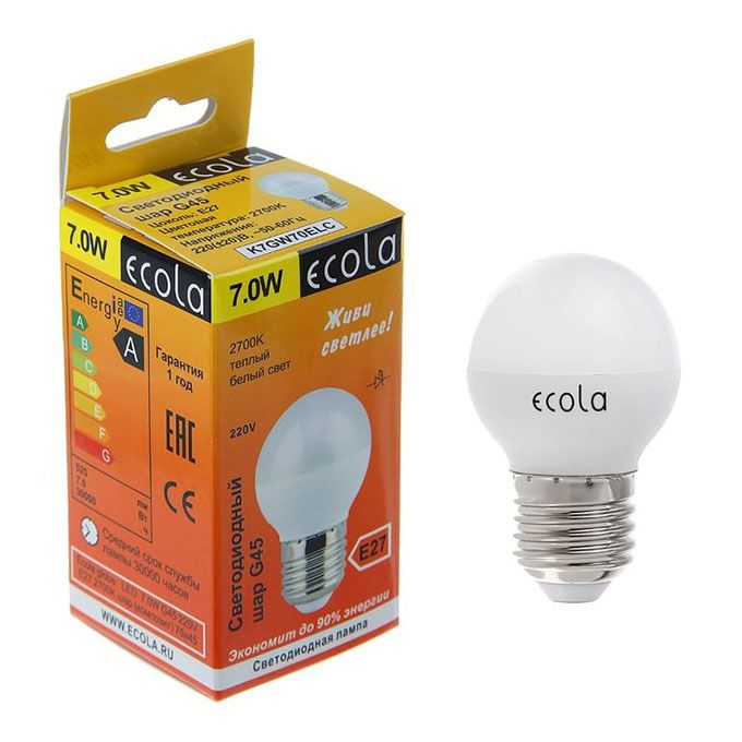 Светодиодная лампа Ecola в форме шара LED 7W G45 E27 2700K