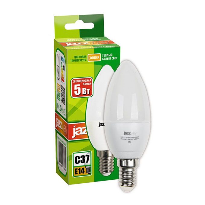 Светодиодная лампа Jazzway PLED-ECO C37 свеча LED 5W E14 3000K (матовое 
стекло)