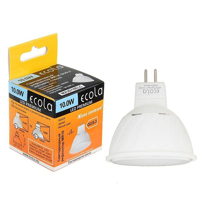 Светодиодная лампа Ecola рефлектор MR16 LED Premium 10W GU5.3 матовое 
стекло 
(композит) 6000K