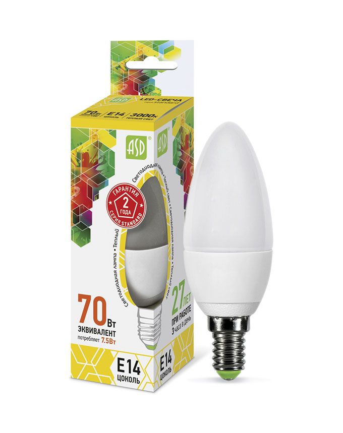 Светодиодная лампа ASD Standard свеча LED 7,5W C37 E14 3000K (матовая)