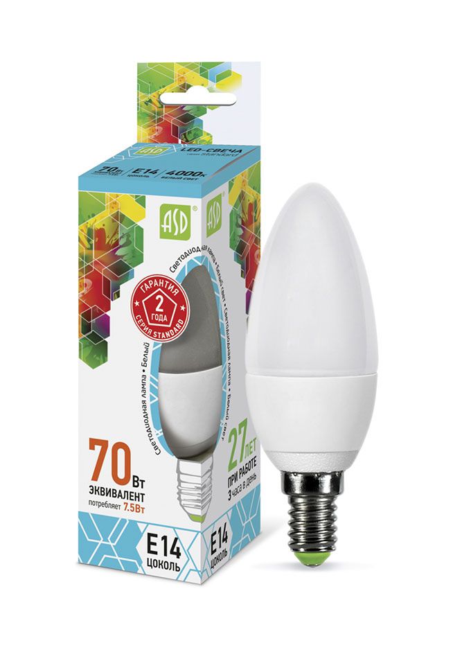 Светодиодная лампа ASD Standard свеча LED 7,5W C37 E14 4000K (матовая)