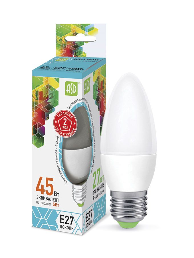 Светодиодная лампа ASD Standard свеча LED 5W C37 E27 4000K (матовая)