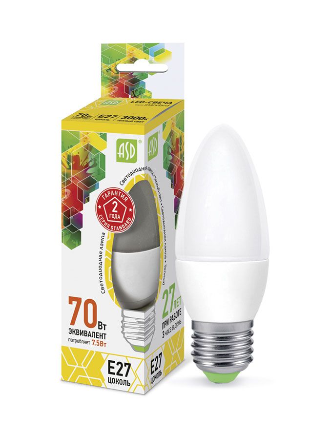 Светодиодная лампа ASD Standard свеча LED 7,5W C37 E27 3000K (матовая)