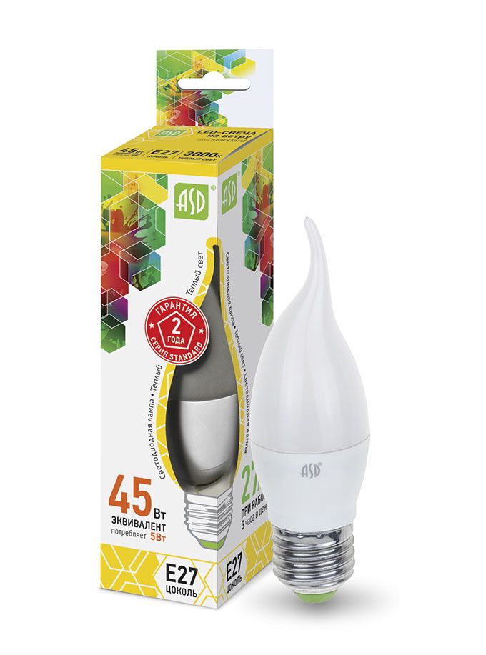 Светодиодная лампа ASD Standard свеча на ветру LED 5W CW37 E27 3000K 
(матовая)
