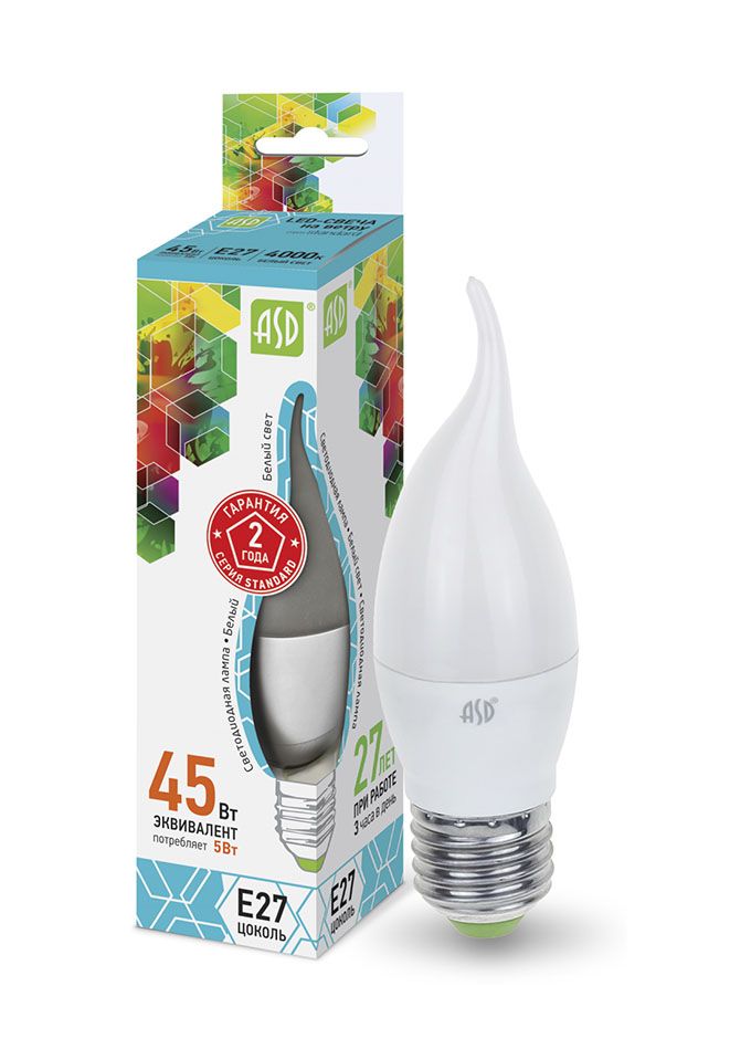 Светодиодная лампа ASD Standard свеча на ветру LED 5W CW37 E27 4000K 
(матовая)