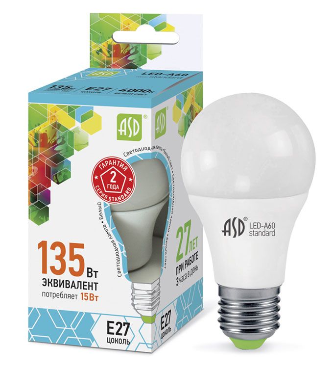 Светодиодная лампа ASD Standard ЛОН LED 15W A60 E27 4000K (матовая)
