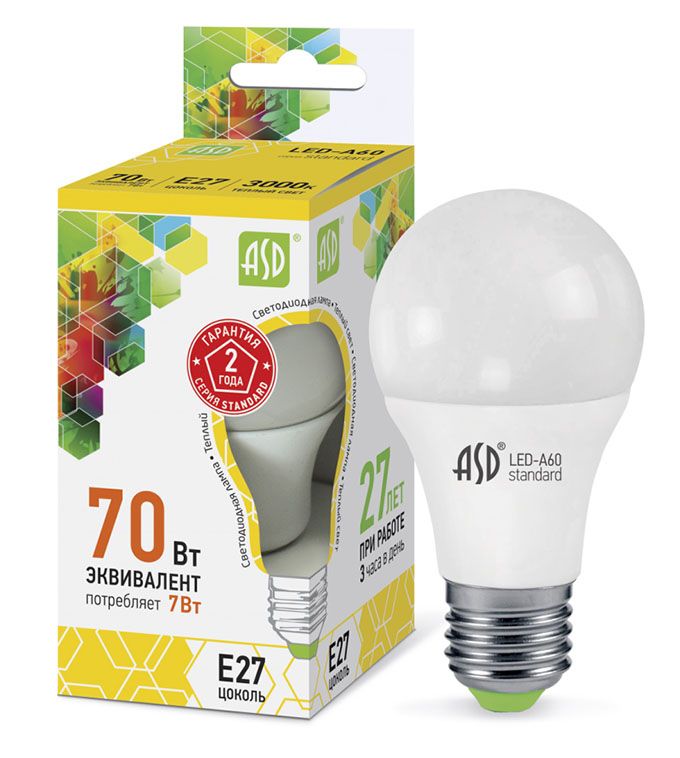 Светодиодная лампа ASD Standard ЛОН LED 7W A60 E27 3000K (матовая)