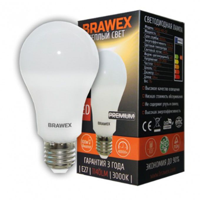 Светодиодная лампа BRAWEX Premium в форме шара LED 12W A65 E27 3000K