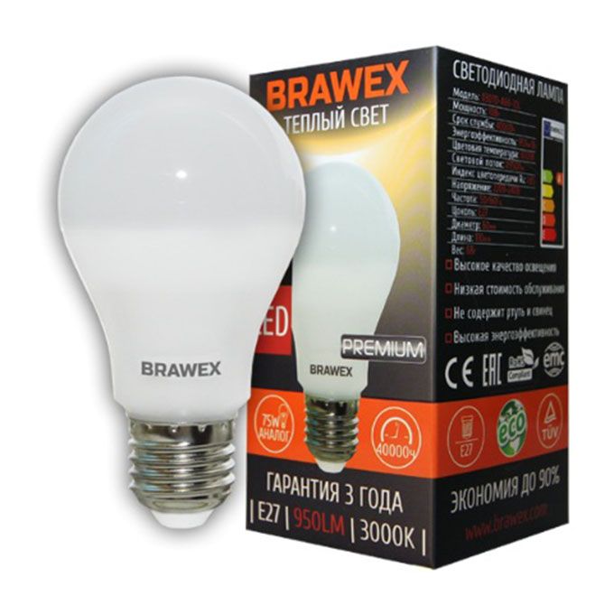 Светодиодная лампа BRAWEX Premium в форме шара LED 10W A60 E27 
3000K