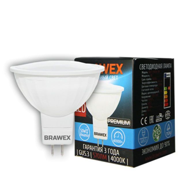 Светодиодная лампа BRAWEX Premium рефлектор MR16 LED 6W GU5.3 4000K