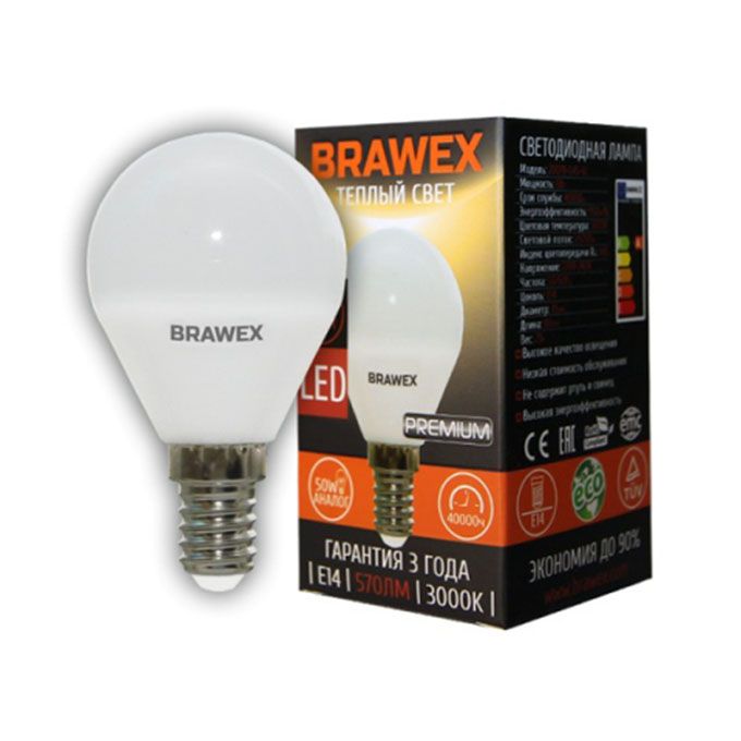 Светодиодная лампа BRAWEX Premium в форме шара LED G45 E14 6W 3000K