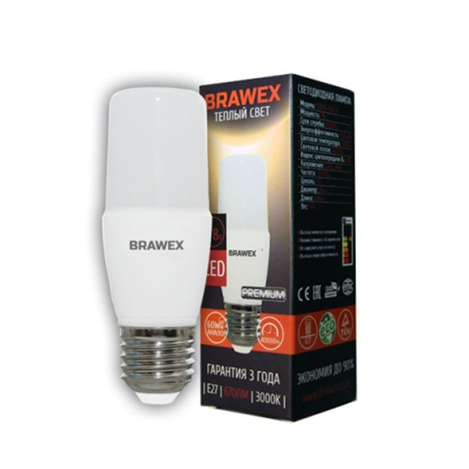 Светодиодная лампа BRAWEX Premium в форме цилиндра LED T7 E27 7W 3000K