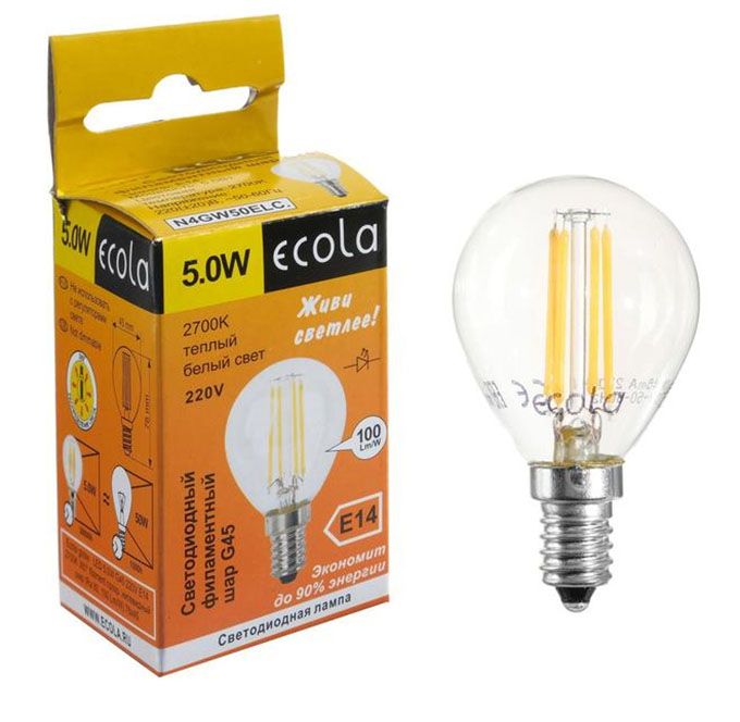 Светодиодная лампа Ecola в форме шара LED 5W G45 E14 (прозрачная) с нитевым излучателем 2700K