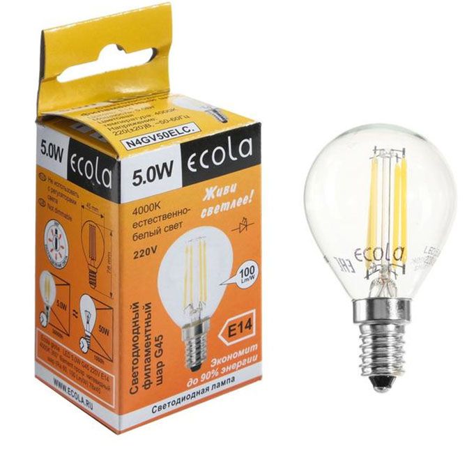Светодиодная лампа Ecola в форме шара LED 5W G45 E14 (прозрачная) с нитевым излучателем 4000K