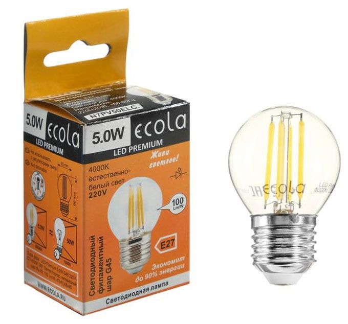 Светодиодная лампа Ecola в форме шара LED Premium 5W G45 E27 (прозрачная) с нитевым излучателем 4000K