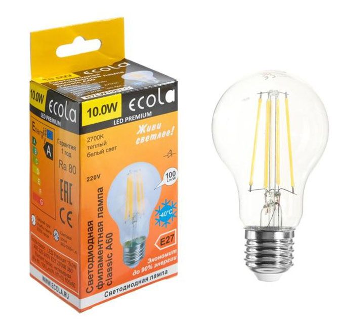 Светодиодная лампа Ecola в форме шара LED Premium 10W A60 E27 (прозрачная) с нитевым излучателем 2700K