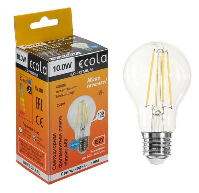 Светодиодная лампа Ecola в форме шара LED Premium 10W A60 E27 (прозрачная) с нитевым излучателем 4000K