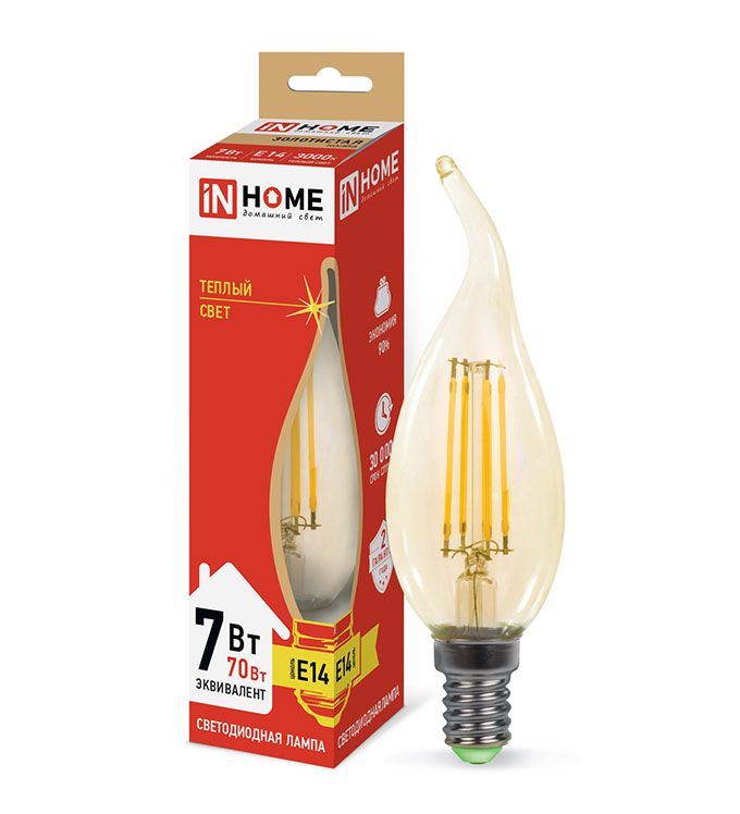 Светодиодная лампа IN HOME Deco в форме свечи на ветру LED 7W CW37 E14 золотистая (прозрачная) с нитевым излучателем