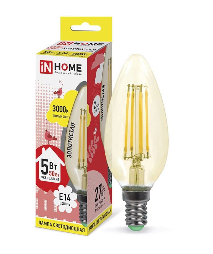 Светодиодная лампа IN HOME Deco в форме свечи LED 5W C37 E14 золотистая (прозрачная) с нитевым излучателем
