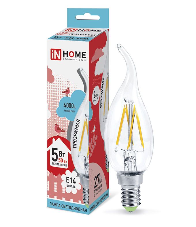 Светодиодная лампа IN HOME Deco в форме свечи на ветру LED 5W CW37 E14 4000K (прозрачная) с нитевым излучателем