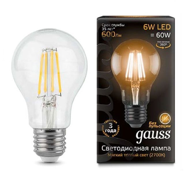 Светодиодная лампа Gauss Filament в форме шара LED 6W A60 E27 (прозрачная) с нитевым излучателем 2700K