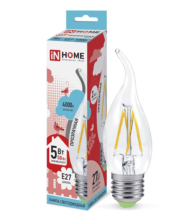 Светодиодная лампа IN HOME Deco в форме свечи на ветру LED 5W CW37 E277 3000K (прозрачная) с нитевым излучателем