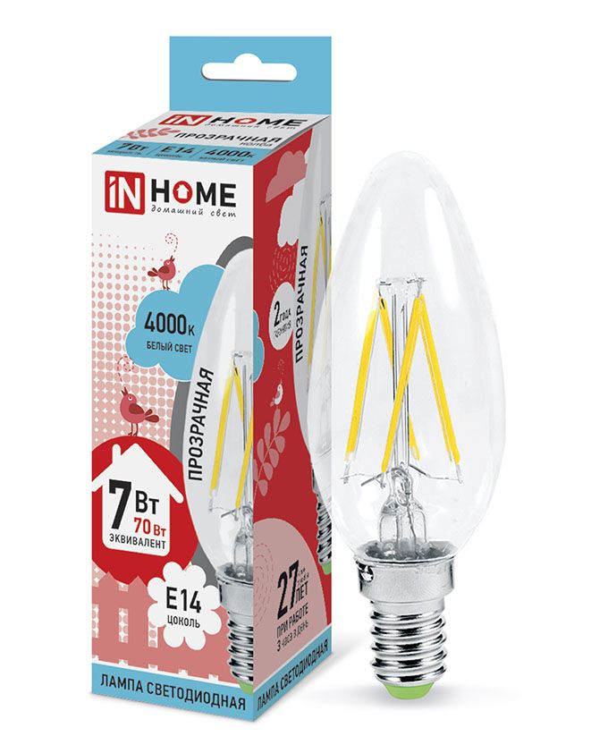 Светодиодная лампа IN HOME Deco в форме свечи LED 7W C37 E14 4000K (прозрачная) с нитевым излучателем