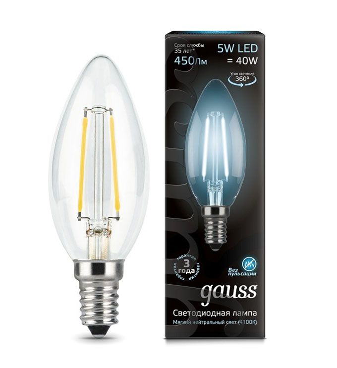 Светодиодная лампа Gauss Filament в форме свечи LED 5W E14 (прозрачная) с нитевым излучателем 4100K