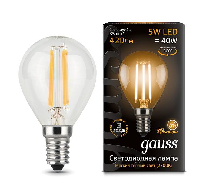 Светодиодная лампа Gauss Filament в форме шара LED 5W E14 (прозрачная) с нитевым излучателем 2700K