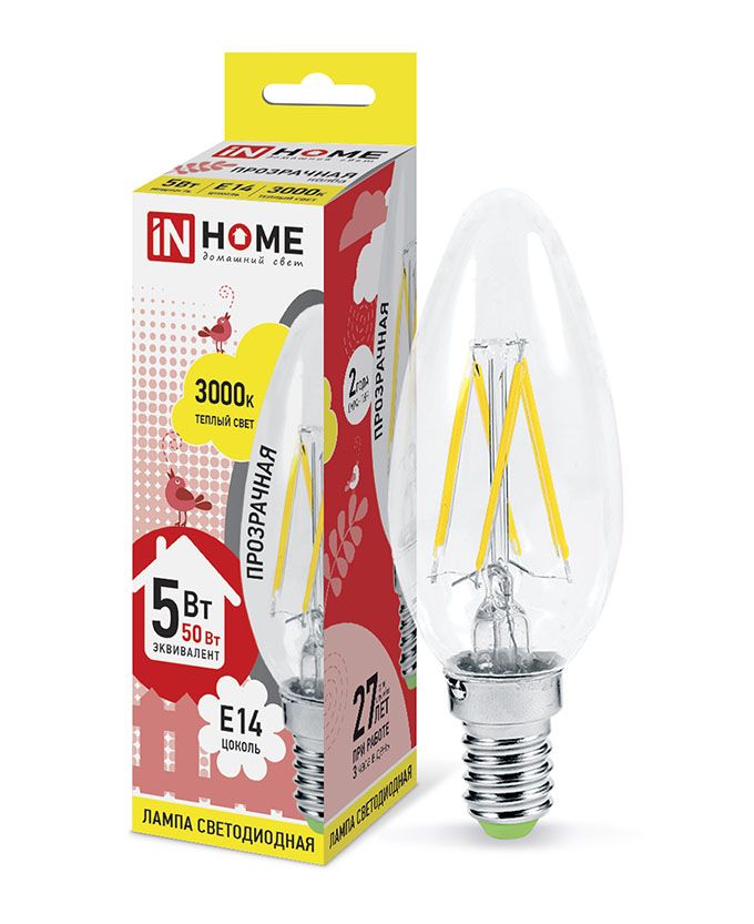 Светодиодная лампа IN HOME Deco в форме свечи LED 5W C37 E14 3000K (прозрачная) с нитевым излучателем