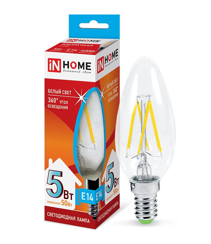 Светодиодная лампа IN HOME Deco в форме свечи LED 5W C37 E14 4000K (прозрачная) с нитевым излучателем