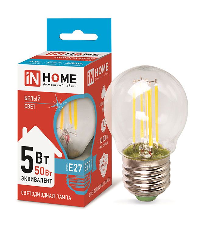 Светодиодная лампа IN HOME Deco в форме шара LED 5W G45 E27 4000K (прозрачная) с нитевым излучателем