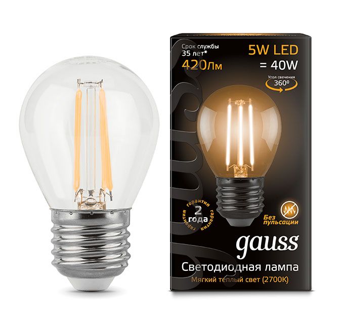 Светодиодная лампа Gauss Filament в форме шара LED 5W E27 (прозрачная) с нитевым излучателем 2700K